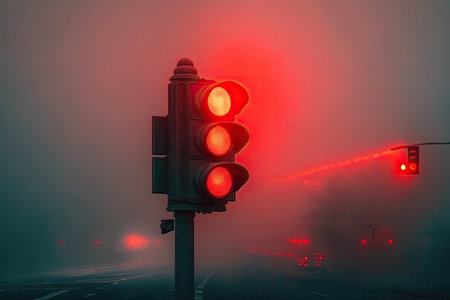 red traffic light in the foggy mist, giving a mystical and mysterious atmosphere, created with generative aiの素材