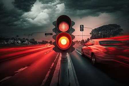 red traffic light in the middle of highway, with cars speeding past, created with generative aiの素材