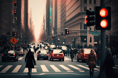 red traffic light in the background of busy city street, with pedestrians and vehicles in view, created with generative aiの素材