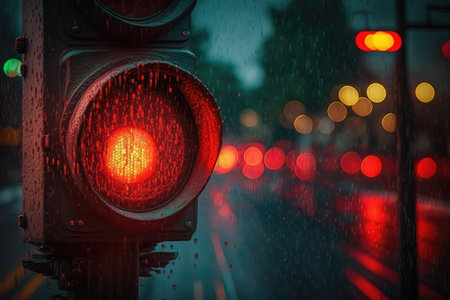 red traffic light in the rain, with droplets running down the lens, created with generative aiの素材