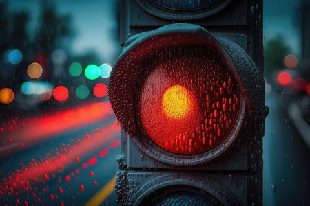 red traffic light in the rain, with droplets running down the lens, created with generative aiの素材