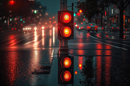 red traffic light at night, with bright headlights and reflections in the street, created with generative aiの素材