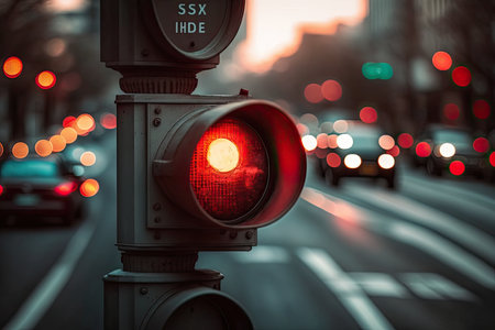 close-up of red traffic light, with the view of busy city street visible in the background, created with generative aiの素材