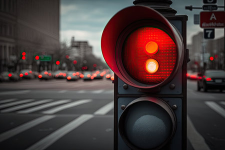 close-up of red traffic light, with the view of busy city street visible in the background, created with generative aiの素材