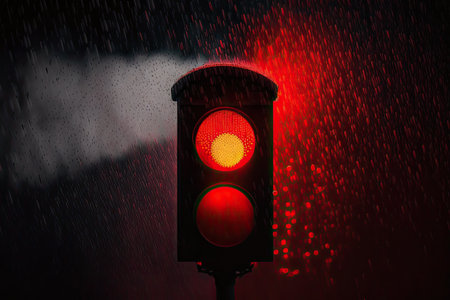 red traffic light in dark and rainy night, with droplets of water on the glass, created with generative aiの素材