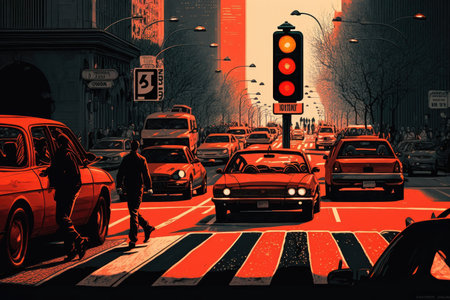 red traffic light shining on a busy street, with cars coming to a stop and pedestrians crossing, created with generative aiの素材