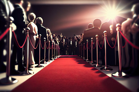 a red carpet leading up to a movie premiere, with paparazzi and fans in the background., created with generative aiの素材