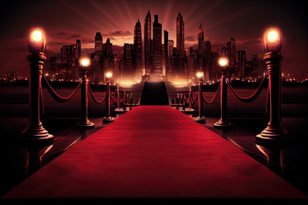 a red carpet leading to an elegant gala in the evening, with a view of city lights and skyscrapers., created with generative aiの素材