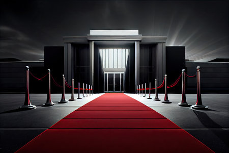a red carpet rolled out in front of a movie theater, ready for the premiere of the latest blockbuster., created with generative aiの素材