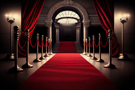 a red carpet leading to the entrance of a glamorous movie premiere., created with generative aiの素材