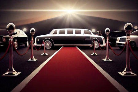 a red carpet being rolled out for an awards ceremony with limousines and paparazzi in the background., created with generative aiの素材
