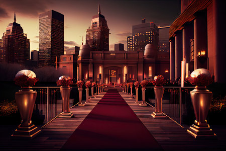 a red carpet event with a dramatic setting, such as a gala at an outdoor terrace overlooking the city skyline., created with generative aiの素材