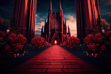 a red carpet that leads up to a cathedral, with candles and flowers lining the path., created with generative aiの素材