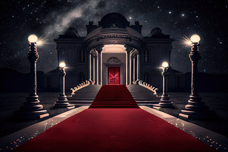 a red carpet leading to the entrance of a glamorous theater at night, with starry skies in the background., created with generative aiの素材