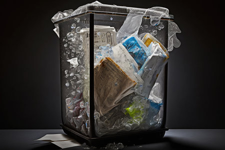 recycling bin overflowing with paper, plastic, and glass, created with generative aiの素材