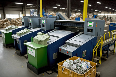 recycling center, with bins and machines sorting and separating different types of recyclables, created with generative aiの素材