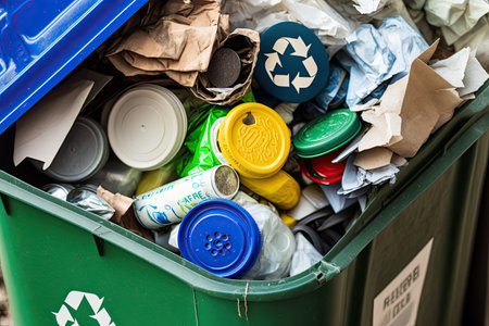 close-up of recycling bin filled with recyclables sorted and ready for collection, created with generative aiの素材