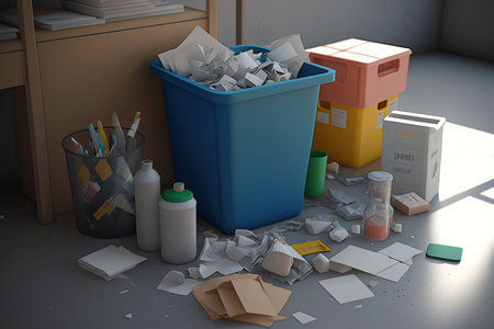an office space, with bins and containers for paper, plastic, glass, and metal recyclables, created with generative aiの素材