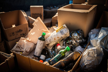 plastic bottles, cardboard boxes and other recyclables being sorted and prepared for sale at recycling center, created with generative aiの素材