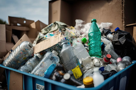 plastic bottles, cardboard boxes and other recyclables being sorted and prepared for sale at recycling center, created with generative aiの素材