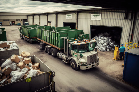 recycling center, with bins and trucks for sorting and transporting recyclables, created with generative aiの素材
