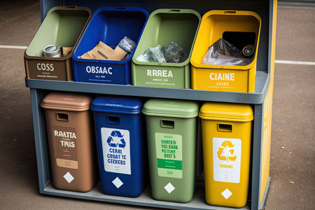 recyclables being sorted into different bins for easy recycling, created with generative aiの素材