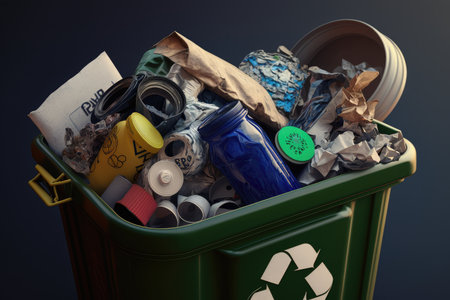 close-up of a recycling bin overflowing with recyclables, created with generative aiの素材