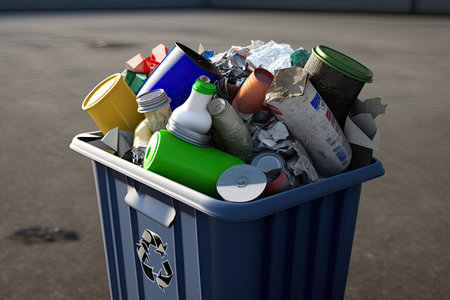 close-up of a recycling bin overflowing with recyclables, created with generative aiの素材