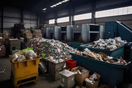 a recycling center, with bins and containers of various colors, sorting and processing recyclables, created with generative aiの素材