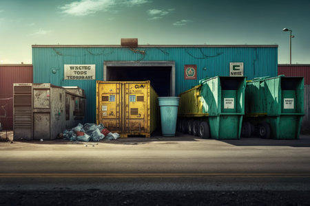 a community recycling center, with bins, containers and trucks for sorting and transporting recyclables, created with generative aiの素材