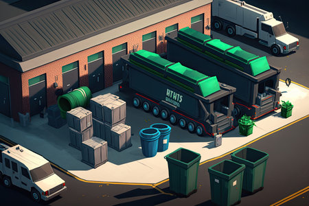 a community recycling center, with bins, containers and trucks for sorting and transporting recyclables, created with generative aiの素材