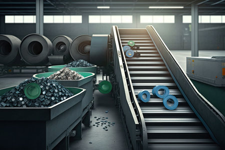 a system of conveyor belts, transporting sorted recyclables from collection bins to recycling center, created with generative aiの素材