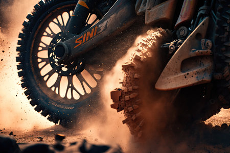 close-up of the brake pads on a rally cross bike, with smoke and dust in the background, created with generative aiの素材