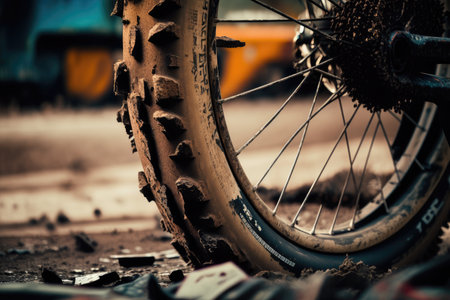 close-up of cross bikes wheels, with dirt and debris visible, created with generative aiの素材