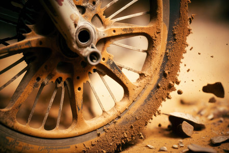 close-up of cross bikes wheels, with dirt and debris visible, created with generative aiの素材