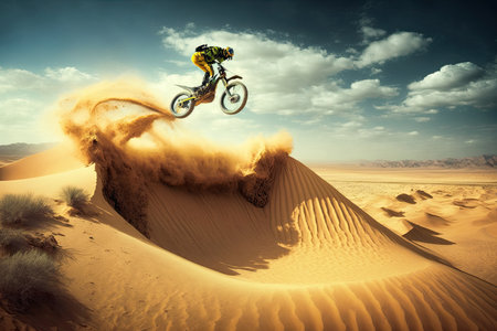 high-speed cross bike jump over sand dune in the desert, created with generative aiの素材