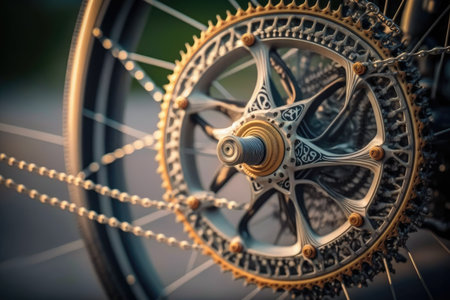 close-up of cross bike wheel, with spokes and chain in full view, created with generative aiの素材