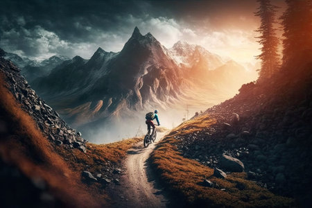 person, racing cross bike on mountain trail, with breathtaking scenery in the background, created with generative aiの素材