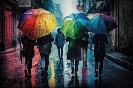 group of friends, each with their own rainbow umbrella, walking down the rainy street, created with generative aiの素材