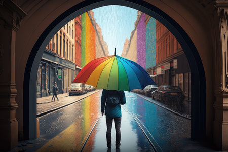 person, searching for perfect place to capture rainbow umbrella street scene, with landmarks in the distance, created with generative aiの素材
