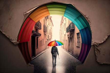person, searching for perfect place to capture rainbow umbrella street scene, with landmarks in the distance, created with generative aiの素材