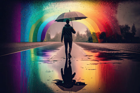 person, walking in the rain, with rainbow umbrella and colorful sky in the background, created with generative aiの素材