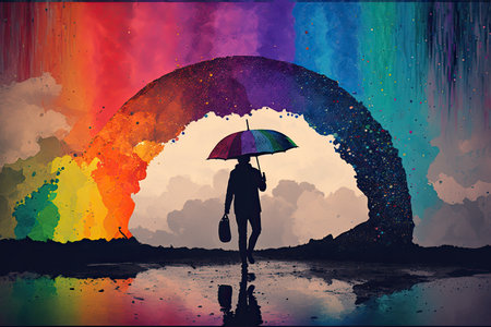 person, walking in the rain, with rainbow umbrella and colorful sky in the background, created with generative aiの素材