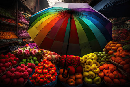rainbow umbrella among colorful market stands with blooming flowers and fruits, created with generative aiの素材