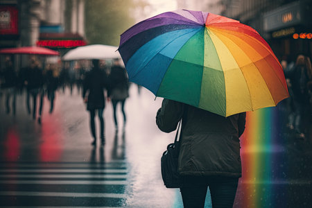 person, with rainbow umbrella, crossing busy street in bustling city, created with generative aiの素材