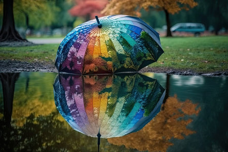 rainbow umbrella with reflections on the water in a park, created with generative aiの素材