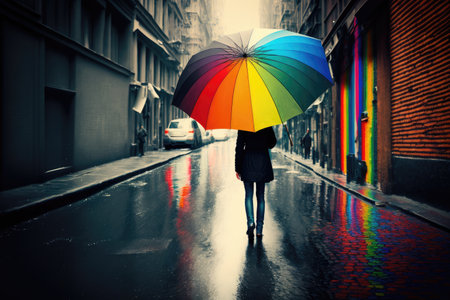person, bringing a rainbow umbrella to rainy and dreary street, which makes the scene cheerful, created with generative aiの素材