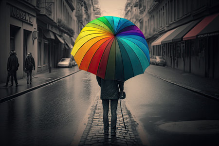 person, bringing a rainbow umbrella to rainy and dreary street, which makes the scene cheerful, created with generative aiの素材