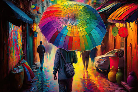 person, walking with rainbow umbrella through busy and bustling street market, surrounded by vibrant colors and sights, created with generative aiの素材