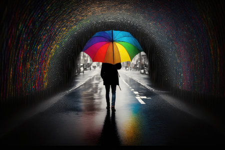 rainbow umbrella in the rain outside of cafe, with steamy cup of coffee and pastry in hand, created with generative aiの素材